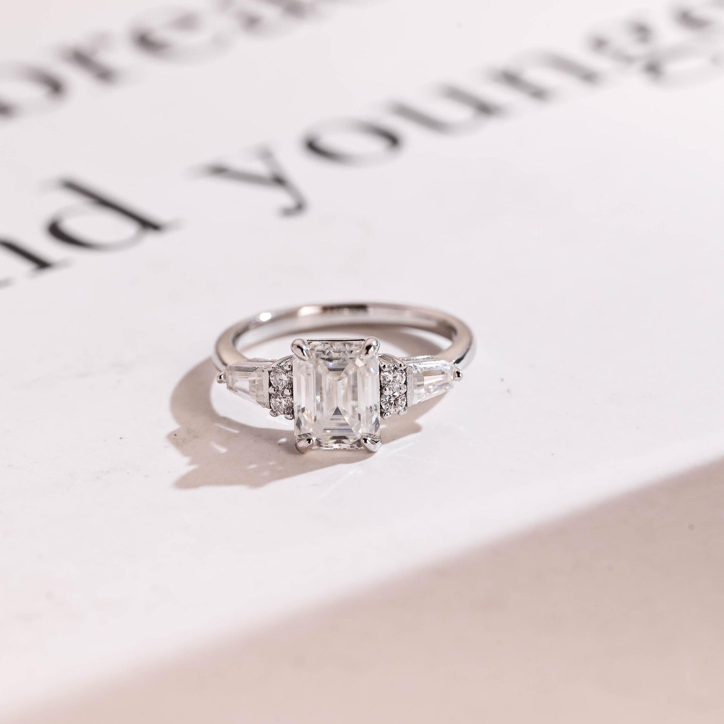 2.0 CT Emerald Cut Three Stone Moissanite Engagement Ring