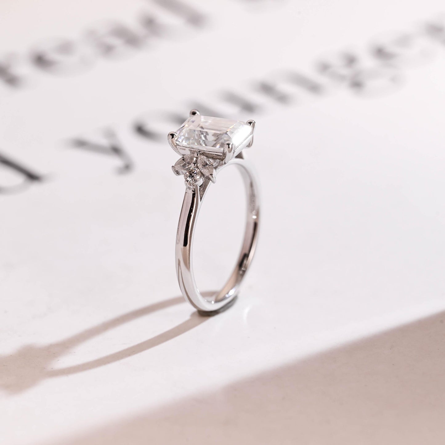 2.0 CT Emerald Cut Cluster Moissanite Engagement Ring