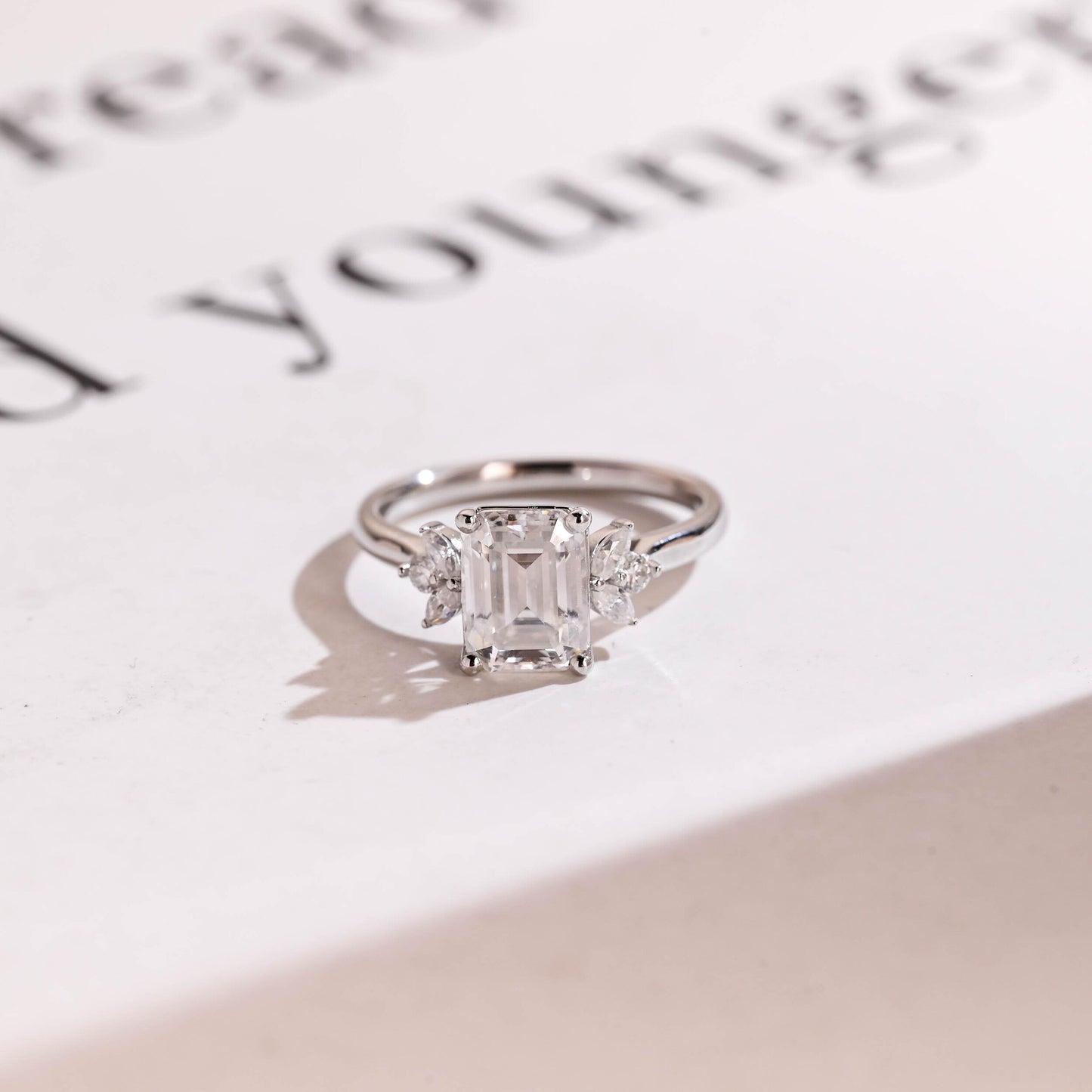 2.0 CT Emerald Cut Cluster Moissanite Engagement Ring