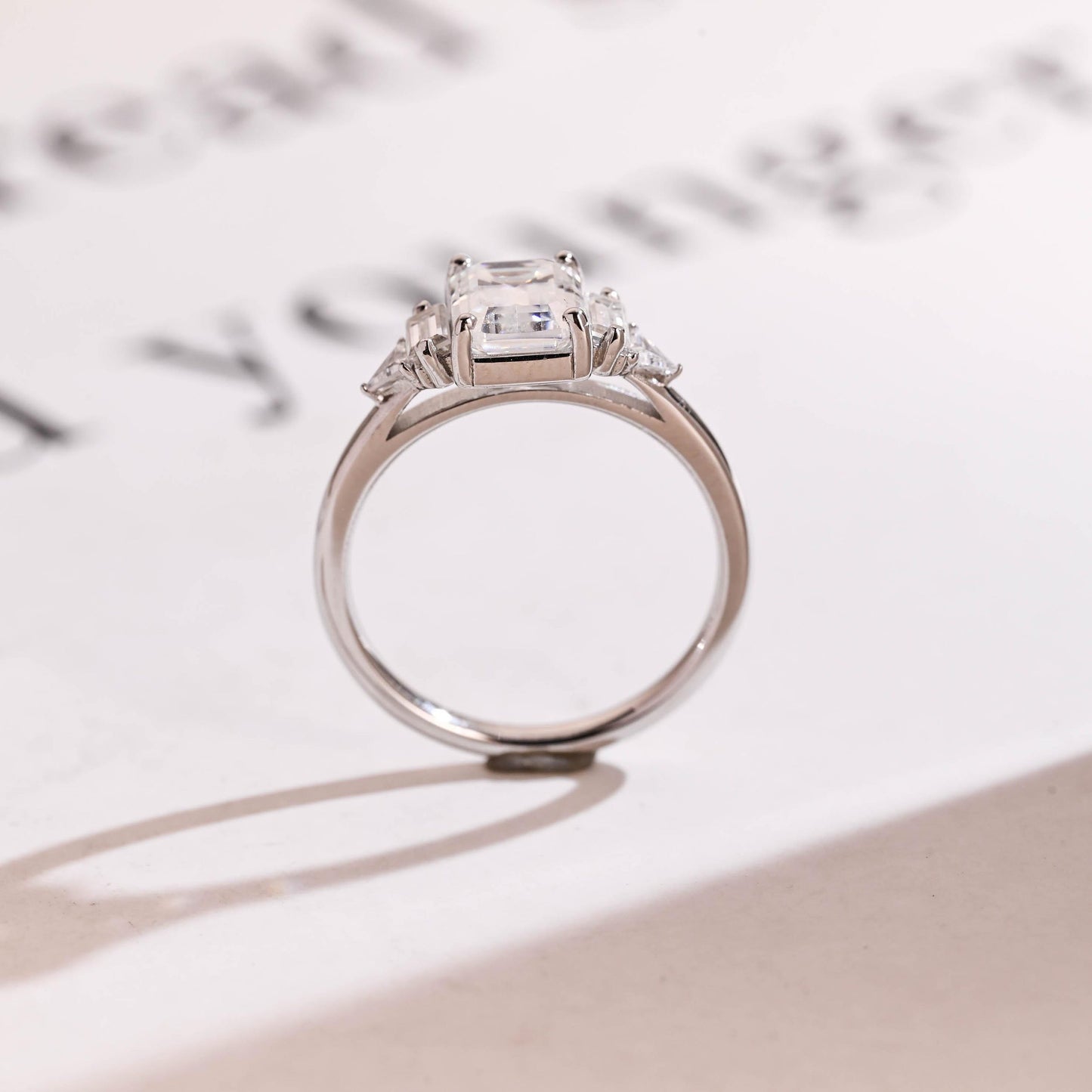 2.0 CT Emerald Cut Cluster Moissanite Engagement Ring