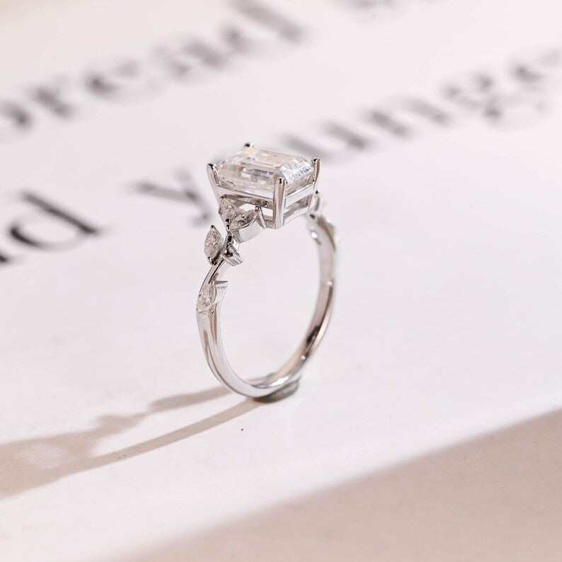 2.0 CT Emerald Cut Leaf Moissanite Engagement Ring