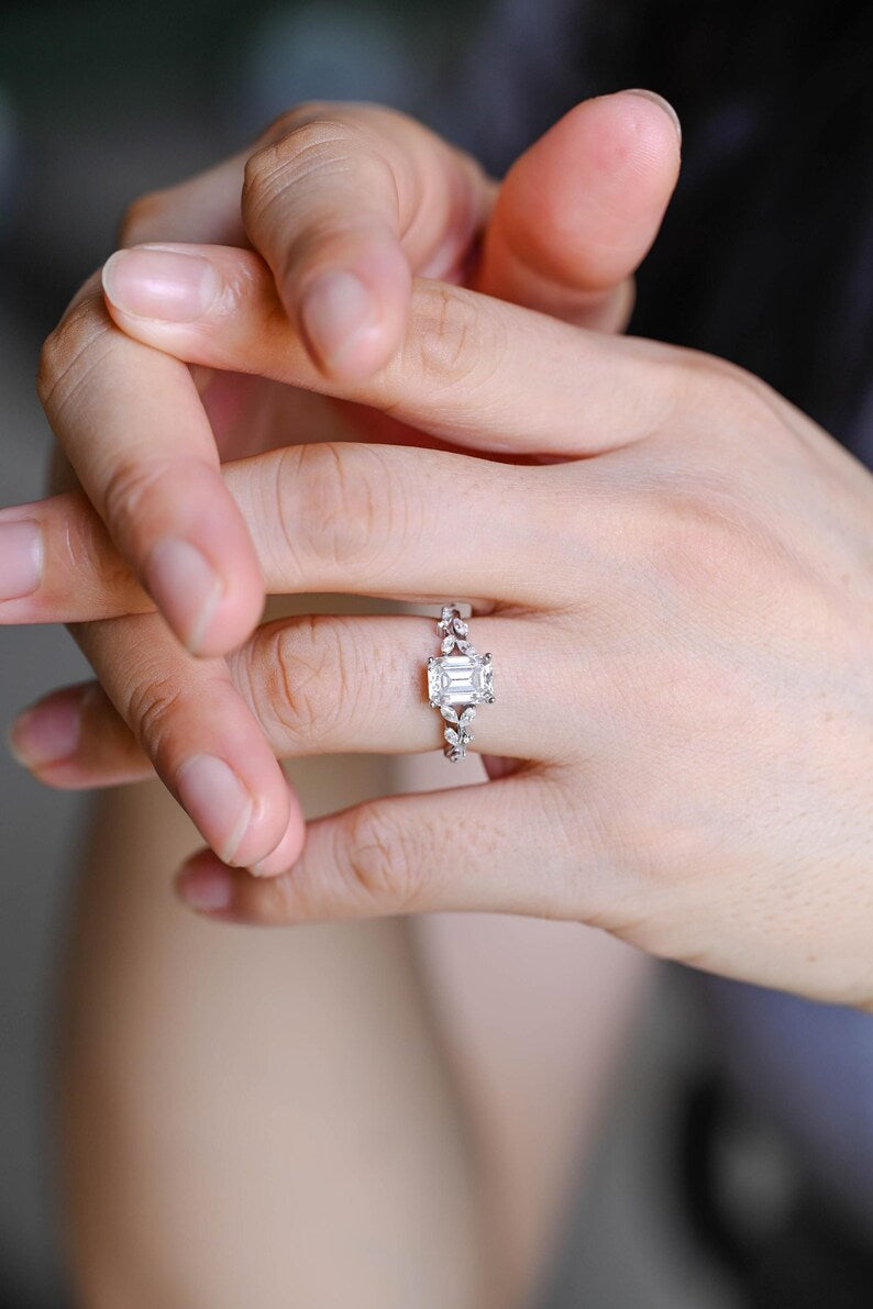 2.0 CT Emerald Cut Leaf Moissanite Engagement Ring