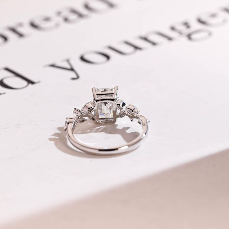 2.0 CT Emerald Cut Leaf Moissanite Engagement Ring