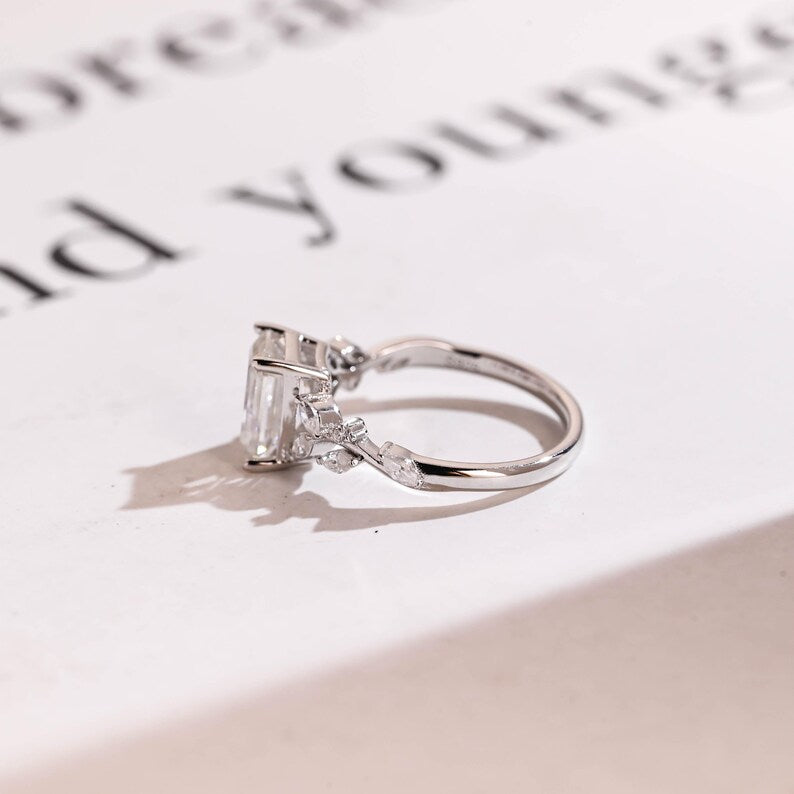 2.0 CT Emerald Cut Leaf Moissanite Engagement Ring