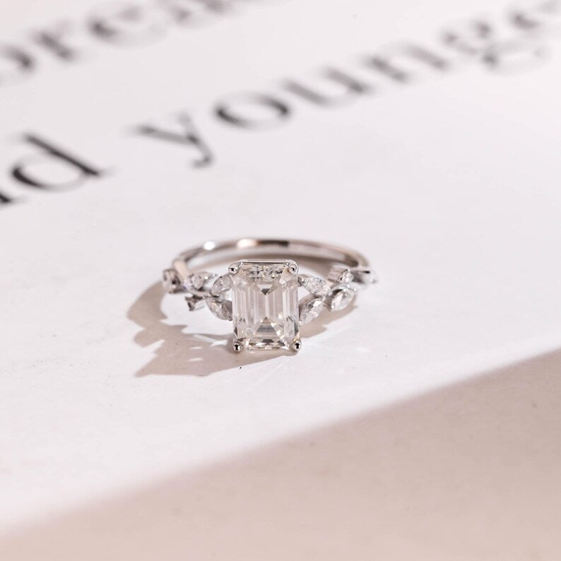 2.0 CT Emerald Cut Leaf Moissanite Engagement Ring