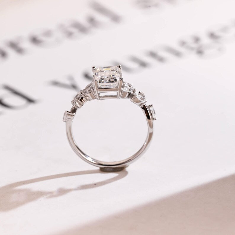 2.0 CT Emerald Cut Leaf Moissanite Engagement Ring