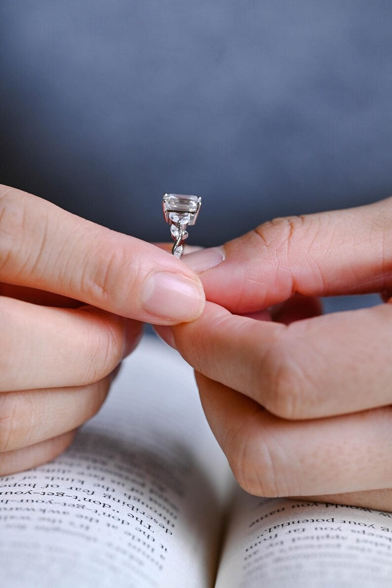 2.0 CT Emerald Cut Leaf Moissanite Engagement Ring