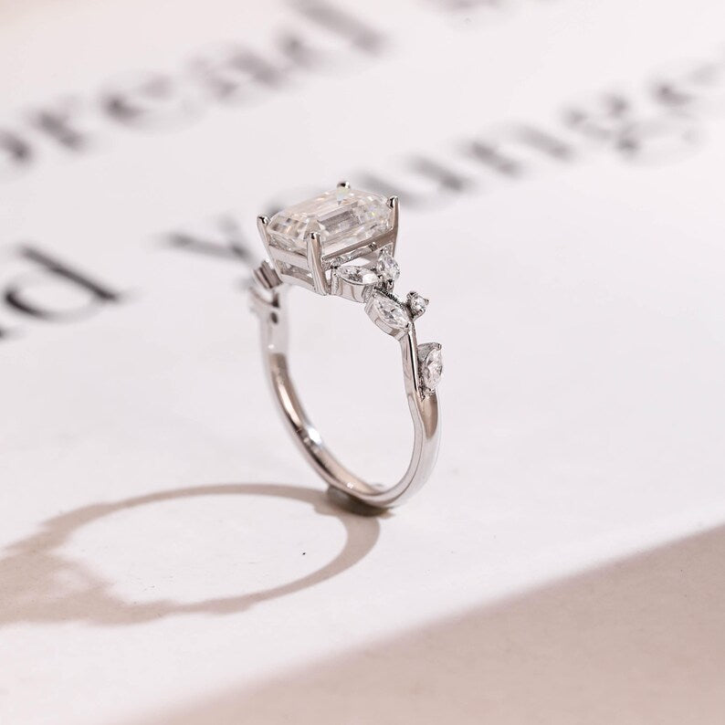 2.0 CT Emerald Cut Leaf Moissanite Engagement Ring