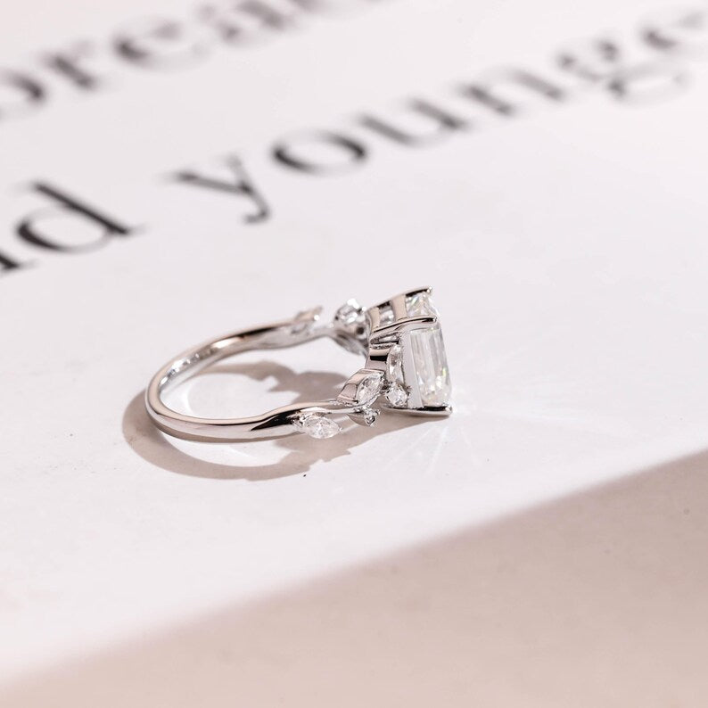 2.0 CT Emerald Cut Leaf Moissanite Engagement Ring