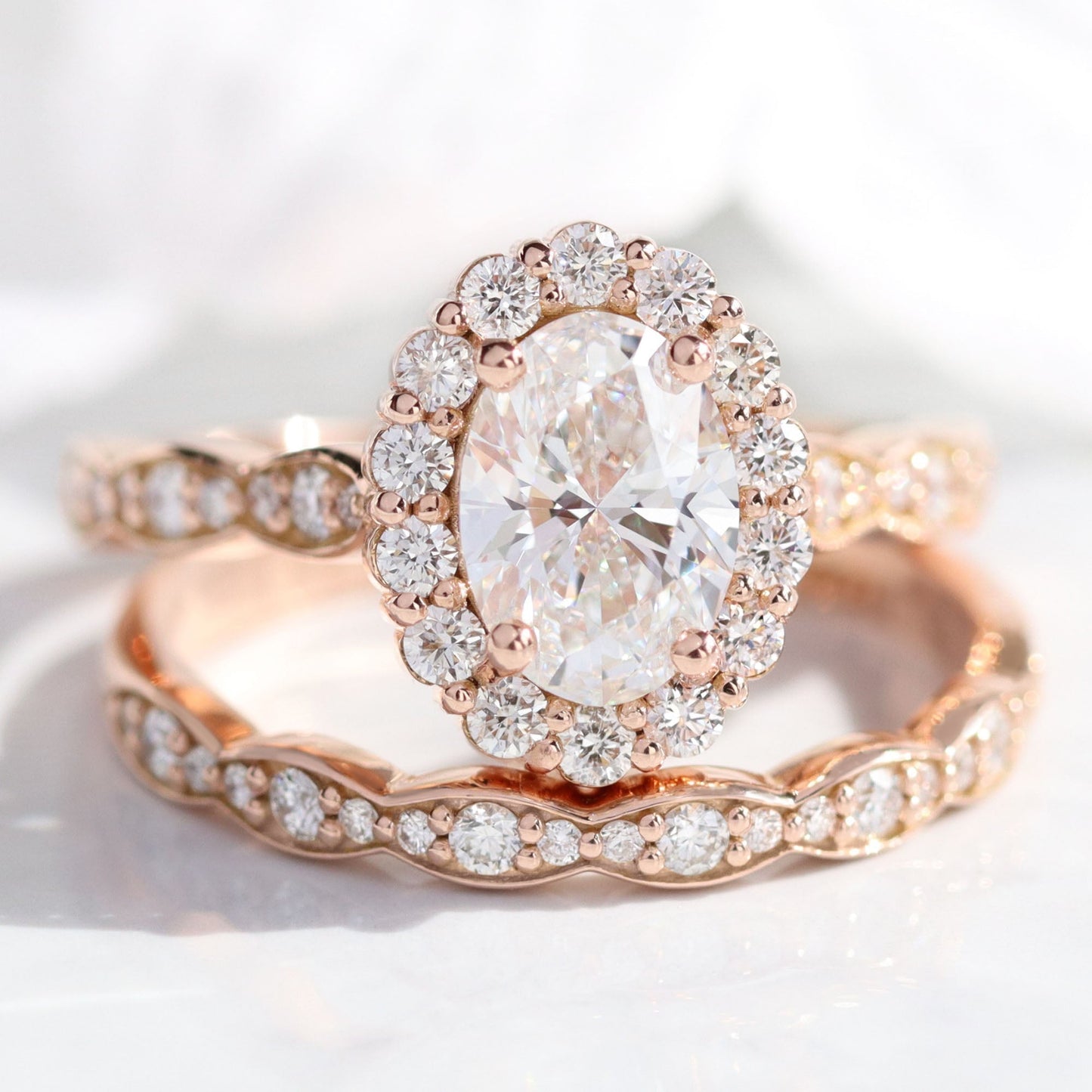 Alice- 2.20 CT Oval Moissanite Halo & Pave Bridal Ring Set