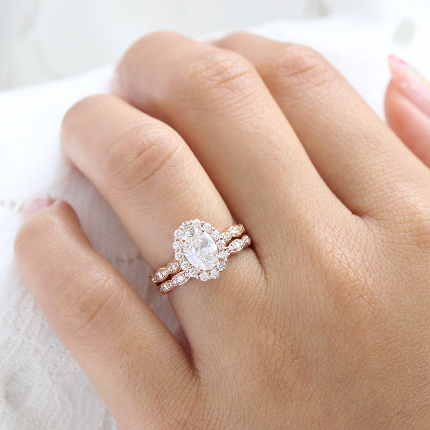 Alice- 2.20 CT Oval Moissanite Halo & Pave Bridal Ring Set
