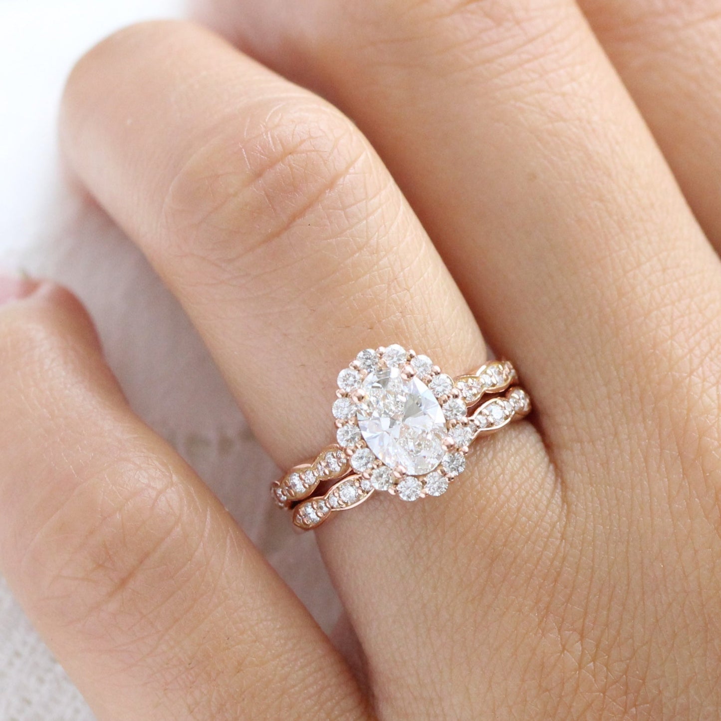 Alice- 2.20 CT Oval Moissanite Halo & Pave Bridal Ring Set