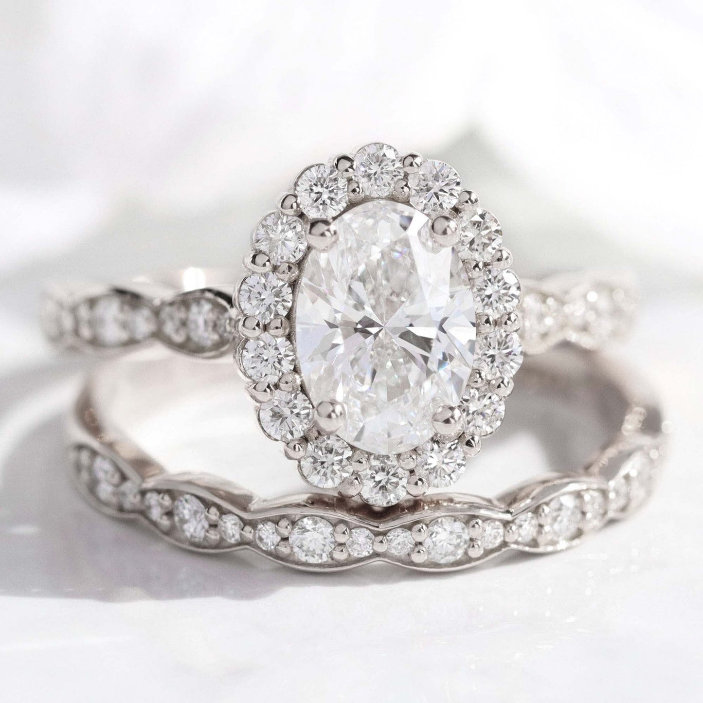 Alice- 2.20 CT Oval Moissanite Halo & Pave Bridal Ring Set