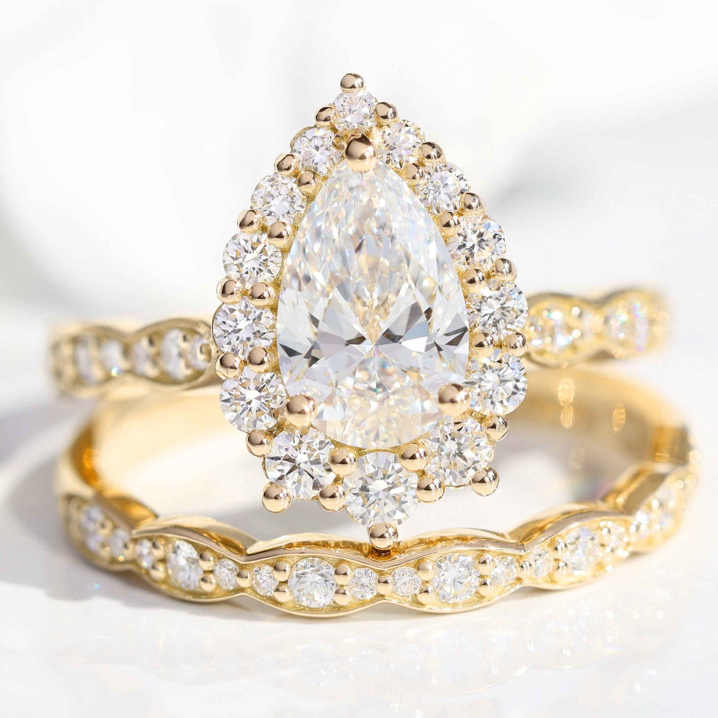 Audrey- 1.20 CT Pear Moissanite Halo & Pave Bridal Ring Set