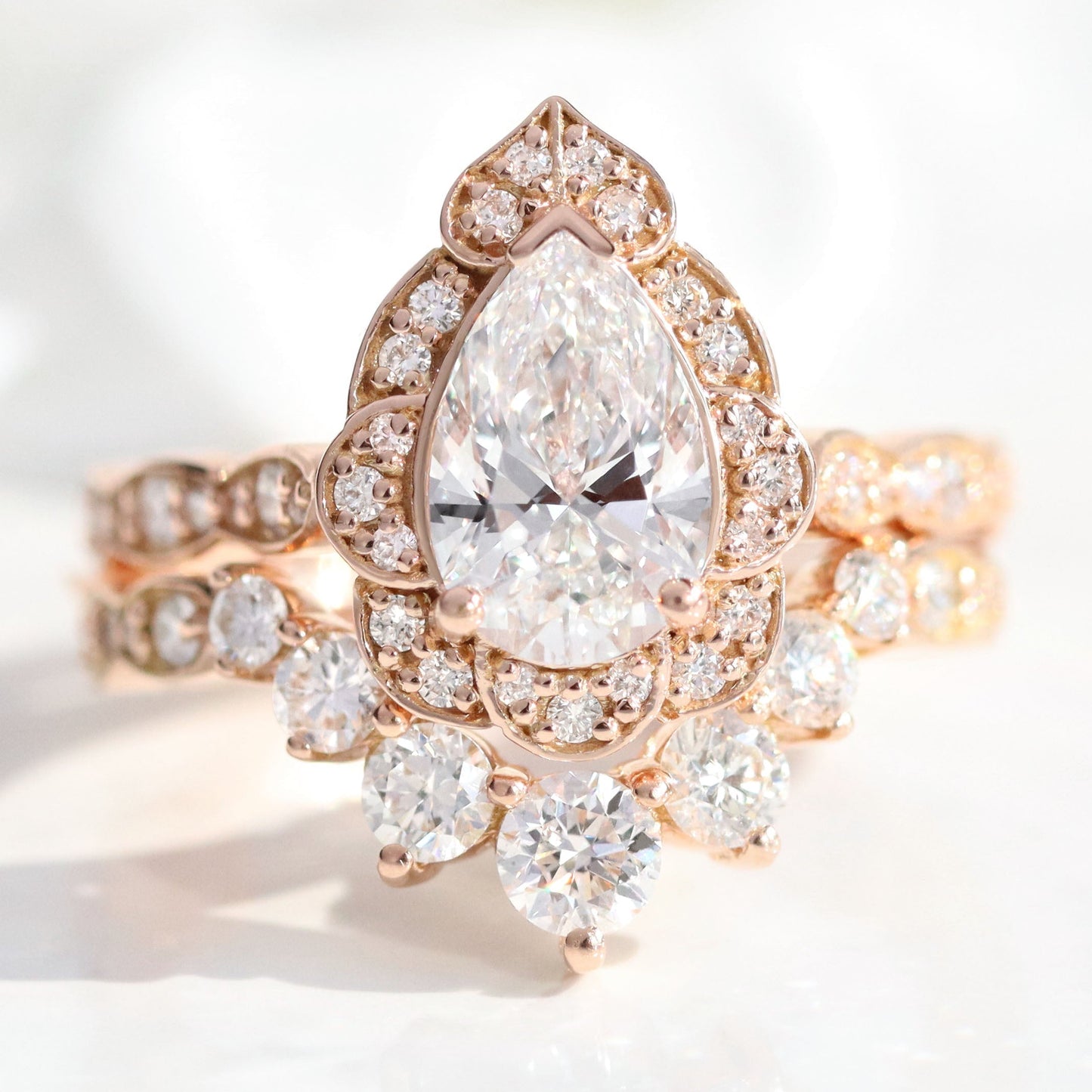 Arianna- 2.0 CT Pear Moissanite Halo & Pave Bridal Ring Set