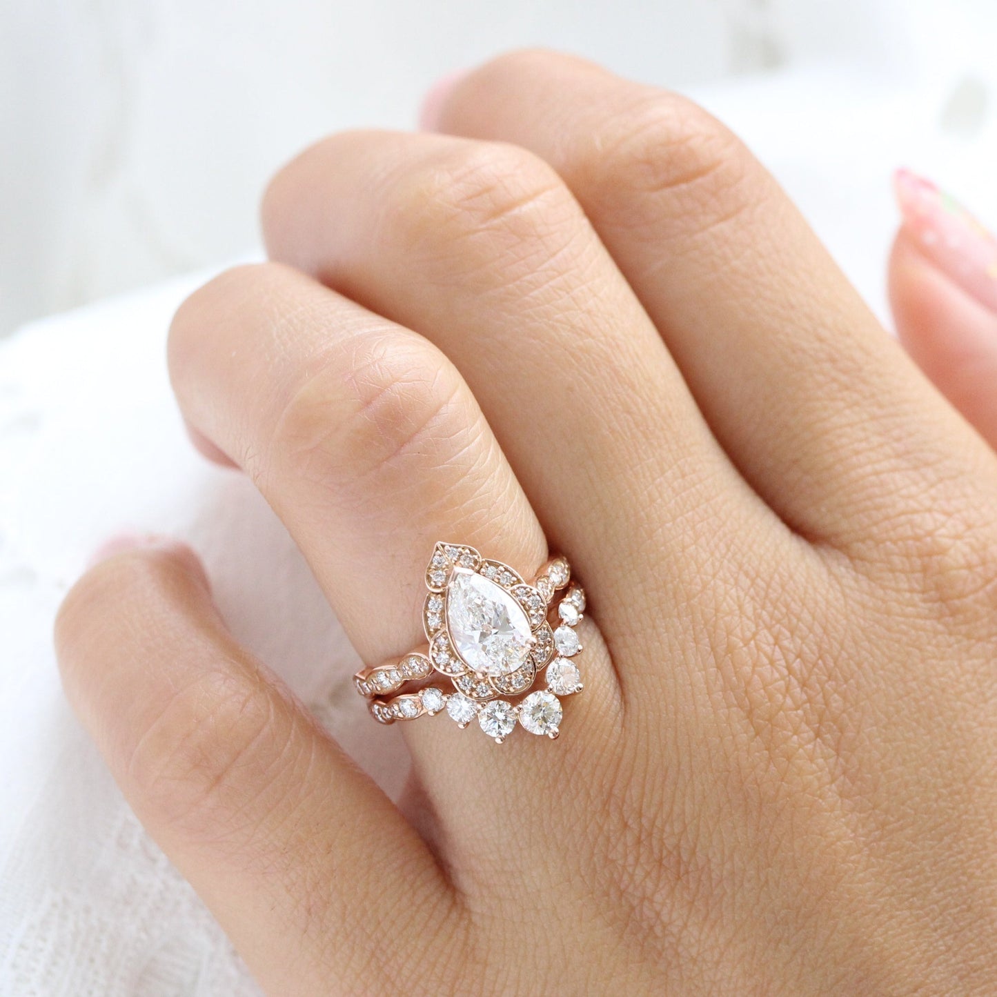 Arianna- 2.0 CT Pear Moissanite Halo & Pave Bridal Ring Set