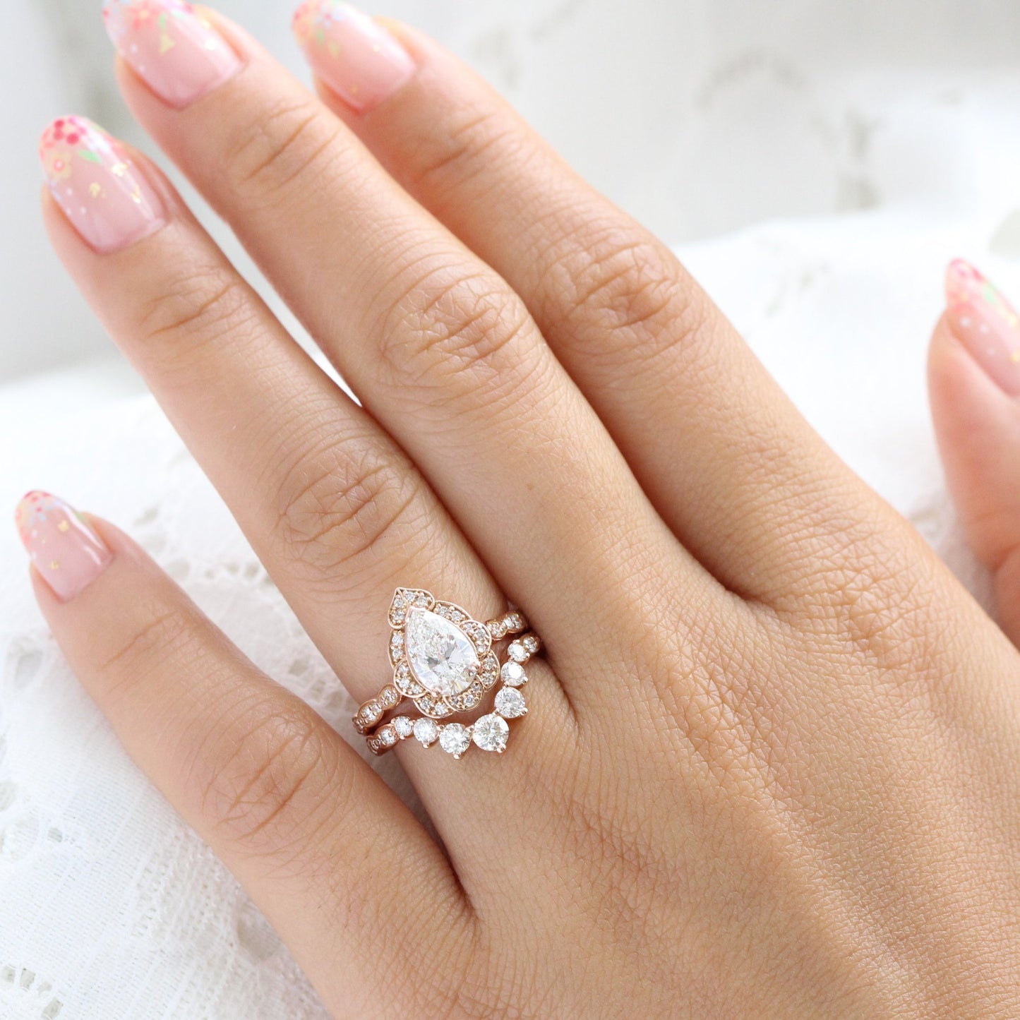 Arianna- 2.0 CT Pear Moissanite Halo & Pave Bridal Ring Set