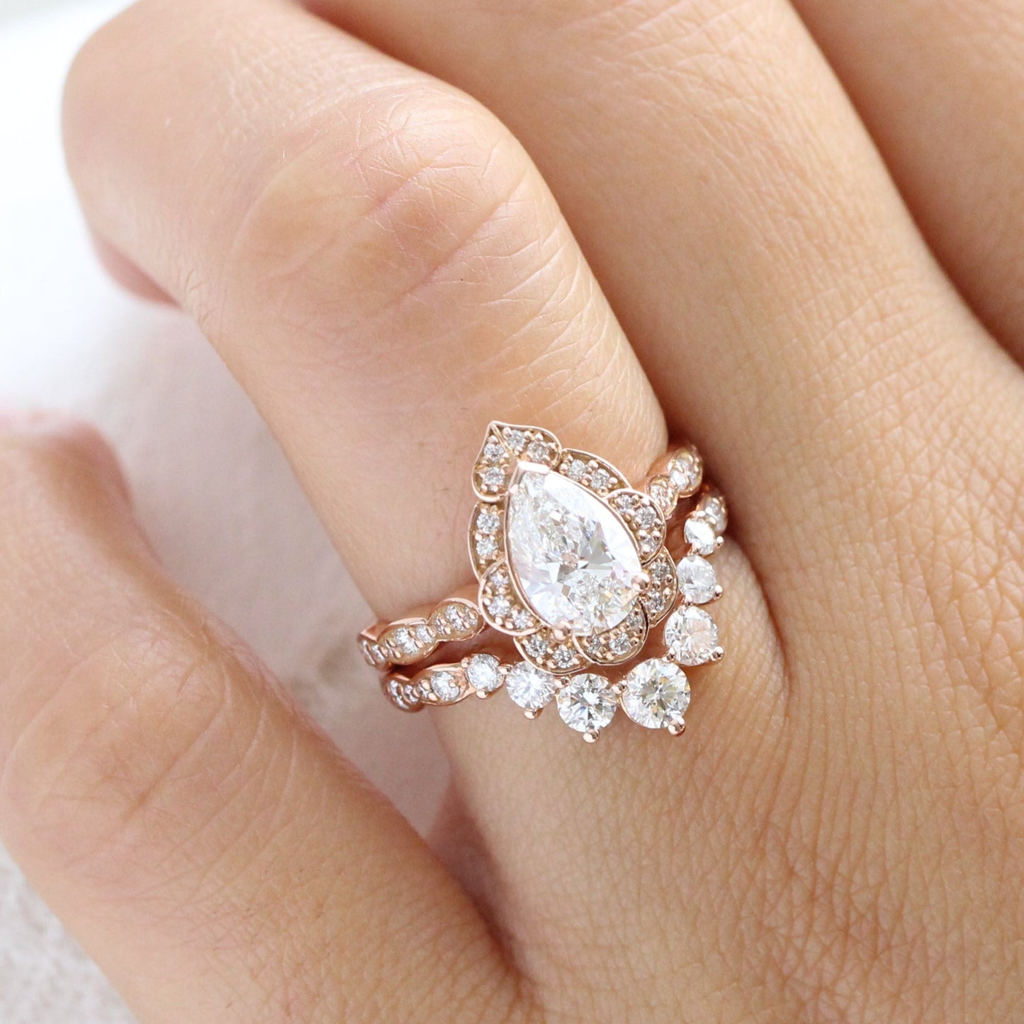 Arianna- 2.0 CT Pear Moissanite Halo & Pave Bridal Ring Set