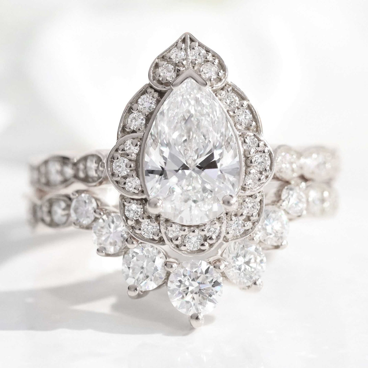 Arianna- 2.0 CT Pear Moissanite Halo & Pave Bridal Ring Set