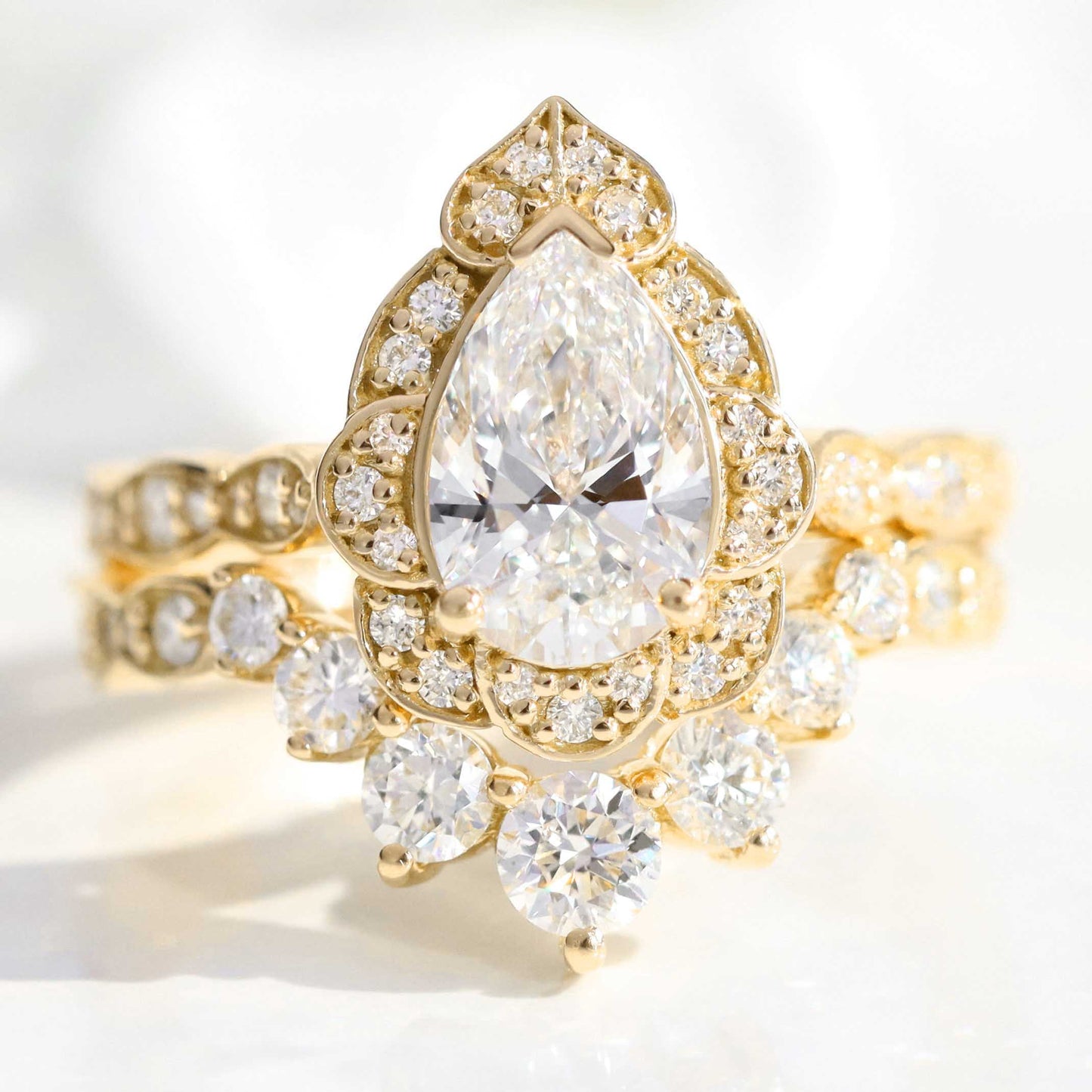 Arianna- 2.0 CT Pear Moissanite Halo & Pave Bridal Ring Set
