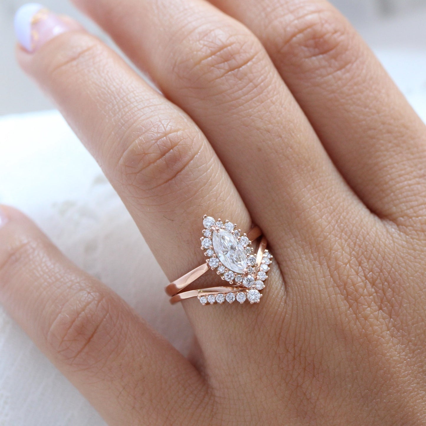 Ruby- 2.0 CT Marquise Moissanite Halo Bridal Ring Set