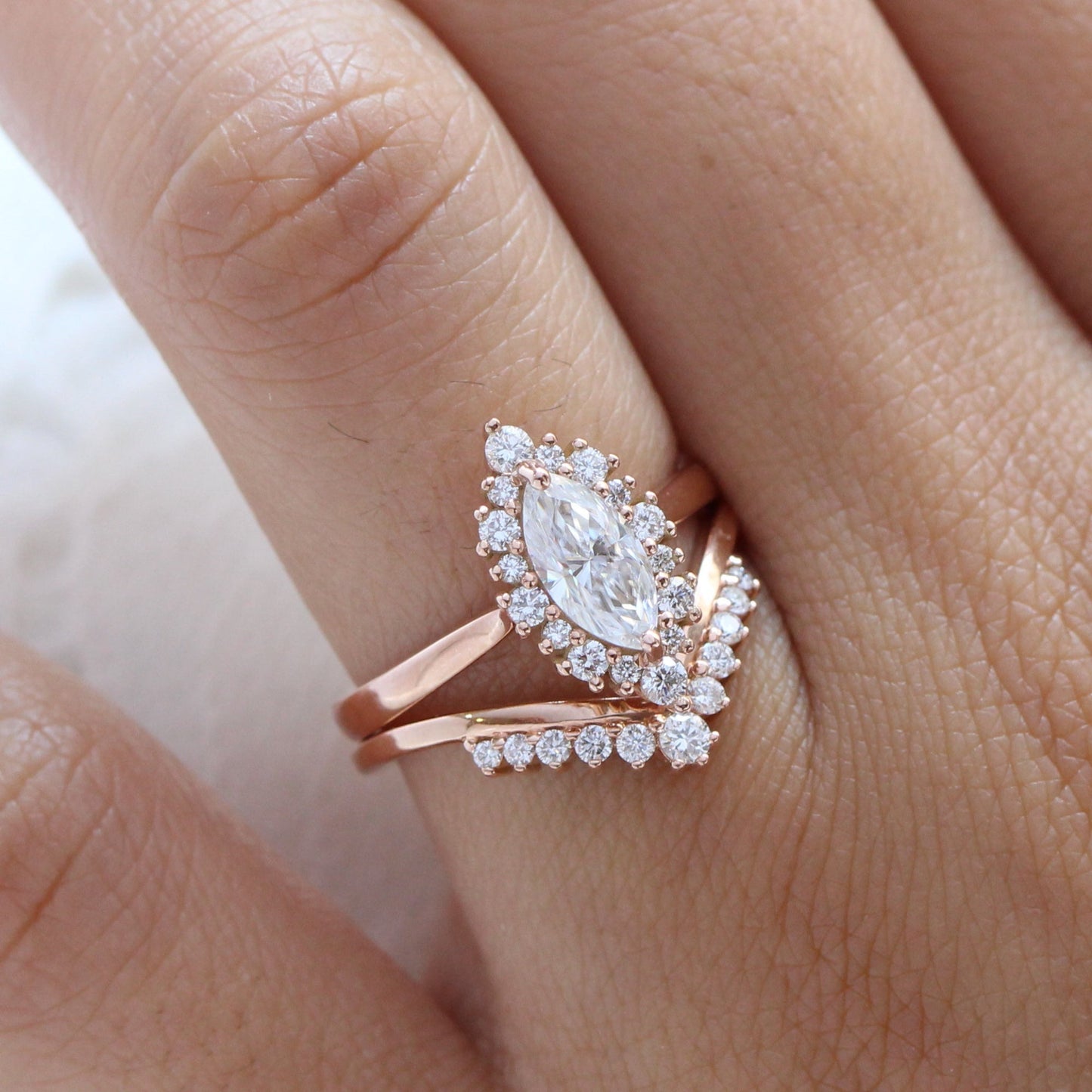 Ruby- 2.0 CT Marquise Moissanite Halo Bridal Ring Set