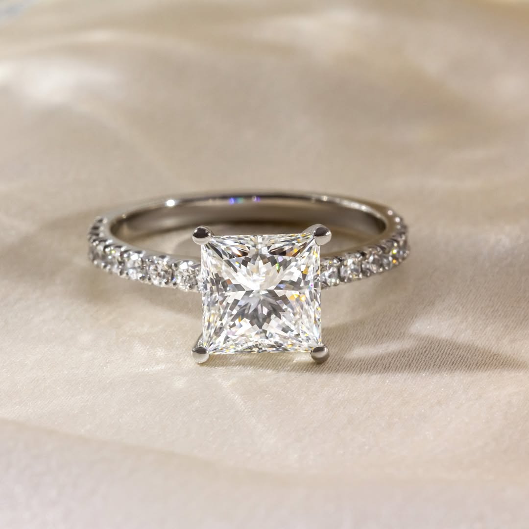 1.70 CT Princess E/VVS1 CVD Diamond Pave Style Engagement Ring