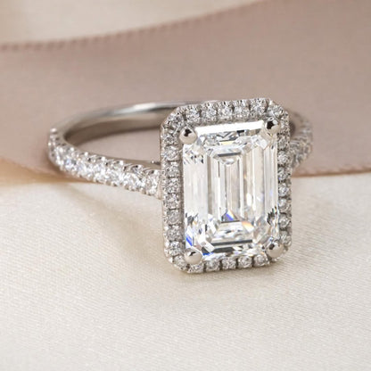 2.0 CT Emerald E/VS2 CVD Diamond Pave & Halo Style Engagement Ring
