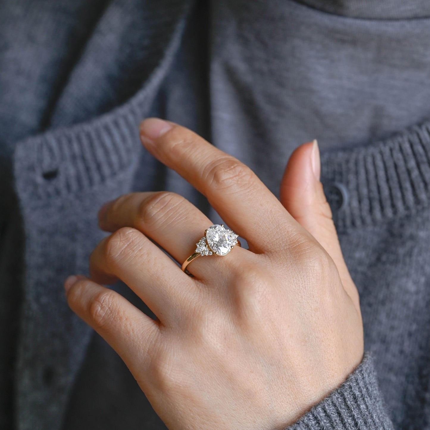 2.5 CT Oval Cut Cluster Moissanite Engagement Ring