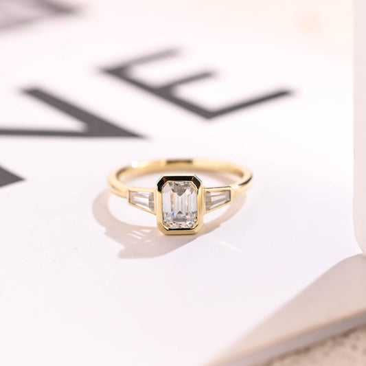 2.0 CT Emerald Cut Three Stone Moissanite Engagement Ring