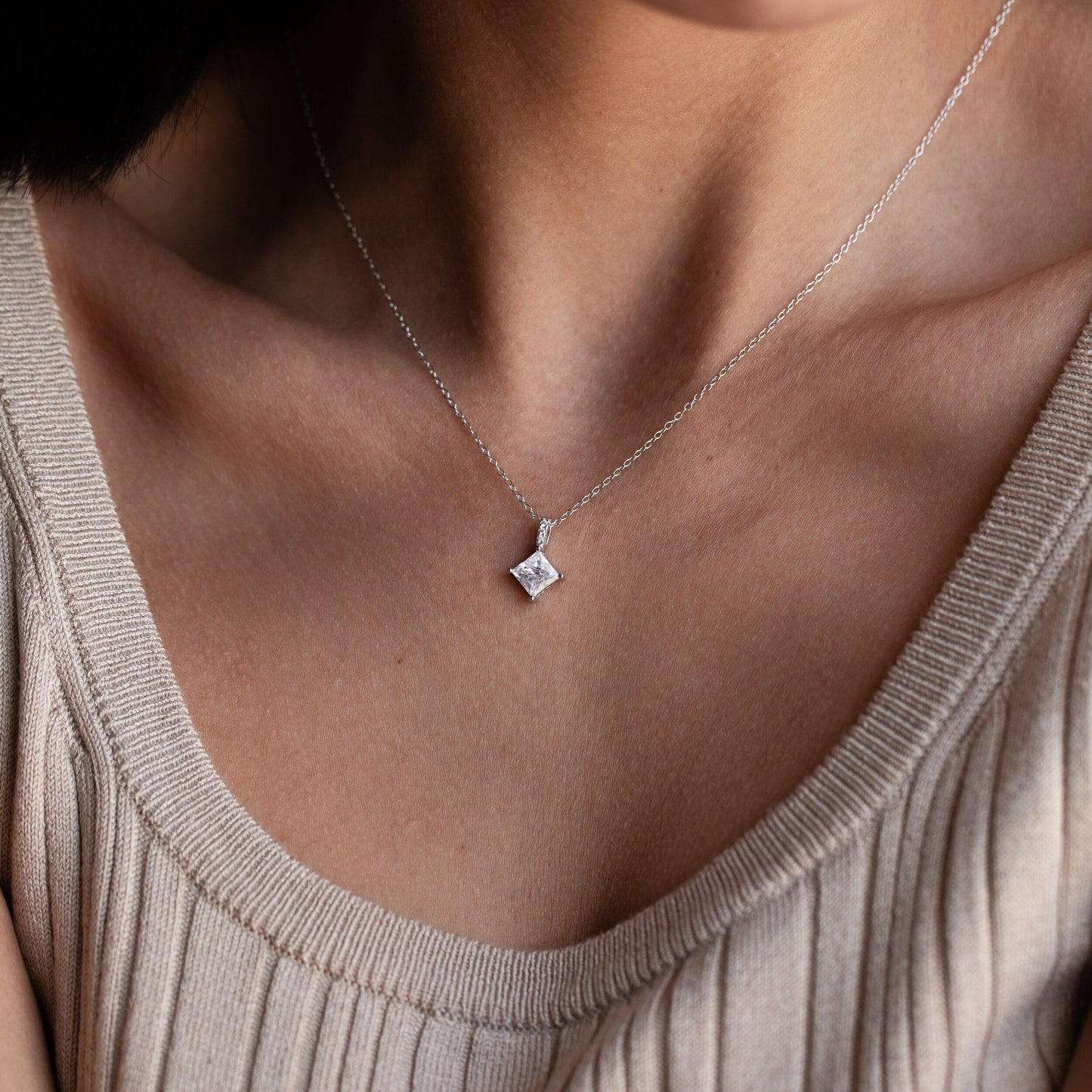 Genevieve-2.50 CT Princess Solitaire Moissanite Necklace