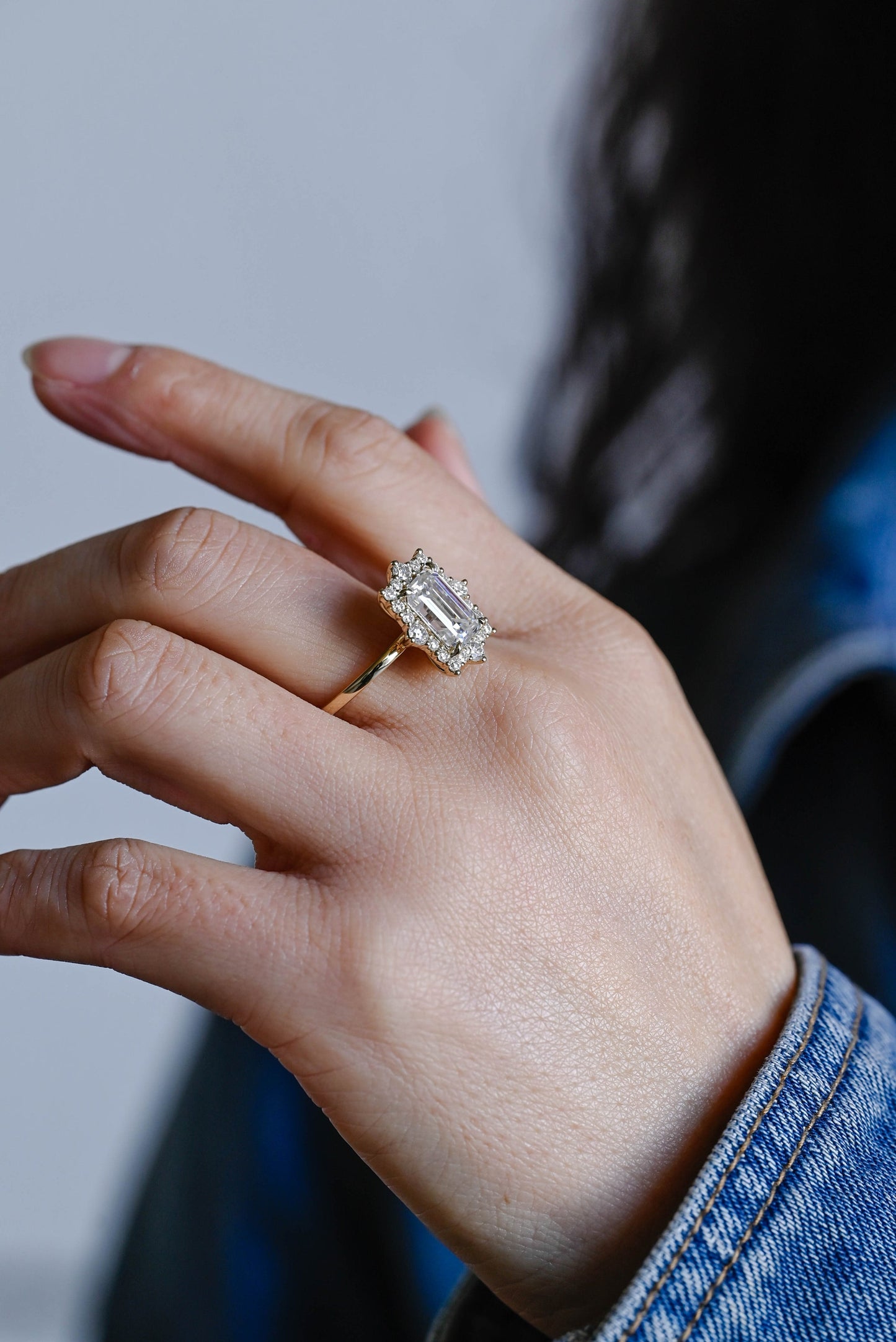 3.5 CT Emerald Cut Halo Style Moissanite Engagement Ring