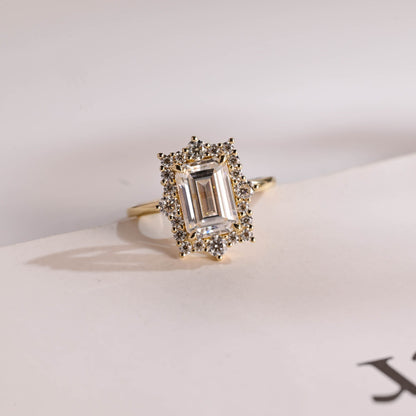 3.5 CT Emerald Cut Halo Style Moissanite Engagement Ring