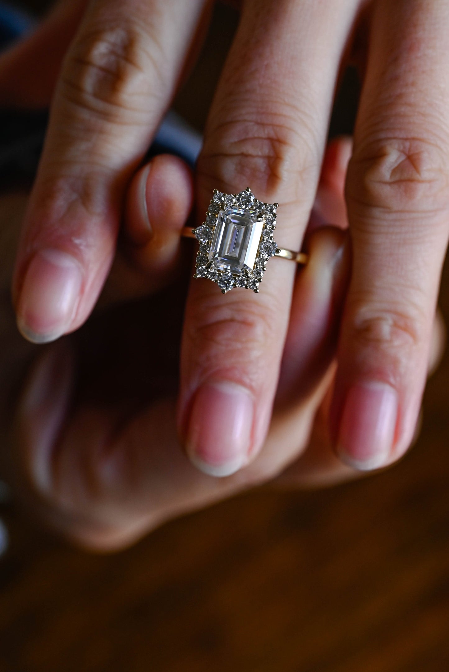 3.5 CT Emerald Cut Halo Style Moissanite Engagement Ring