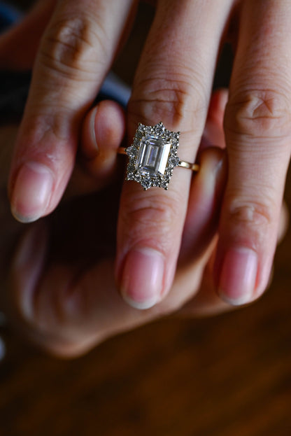 3.5 CT Emerald Cut Halo Style Moissanite Engagement Ring