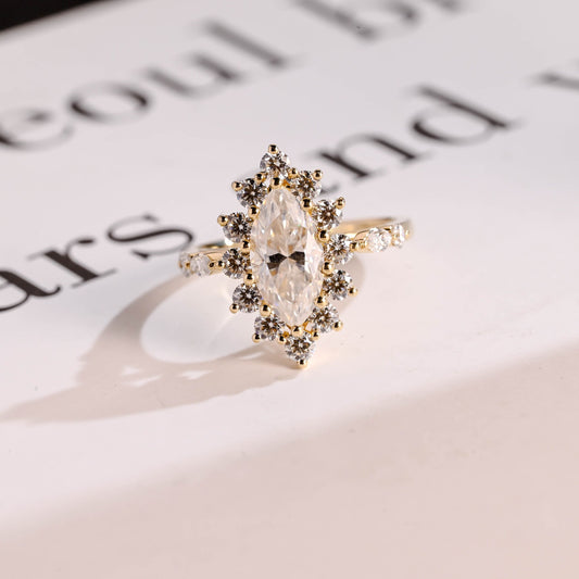 1.0 CT Marquise Cut Halo Moissanite Engagement Ring