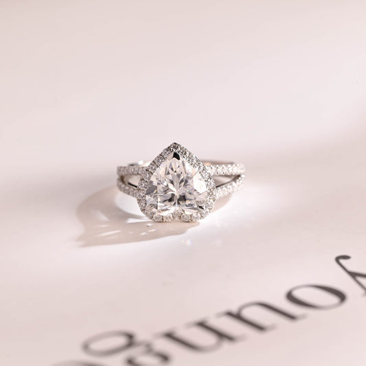 1.0 CT Heart Cut Split Shank Halo Moissanite Engagement Ring