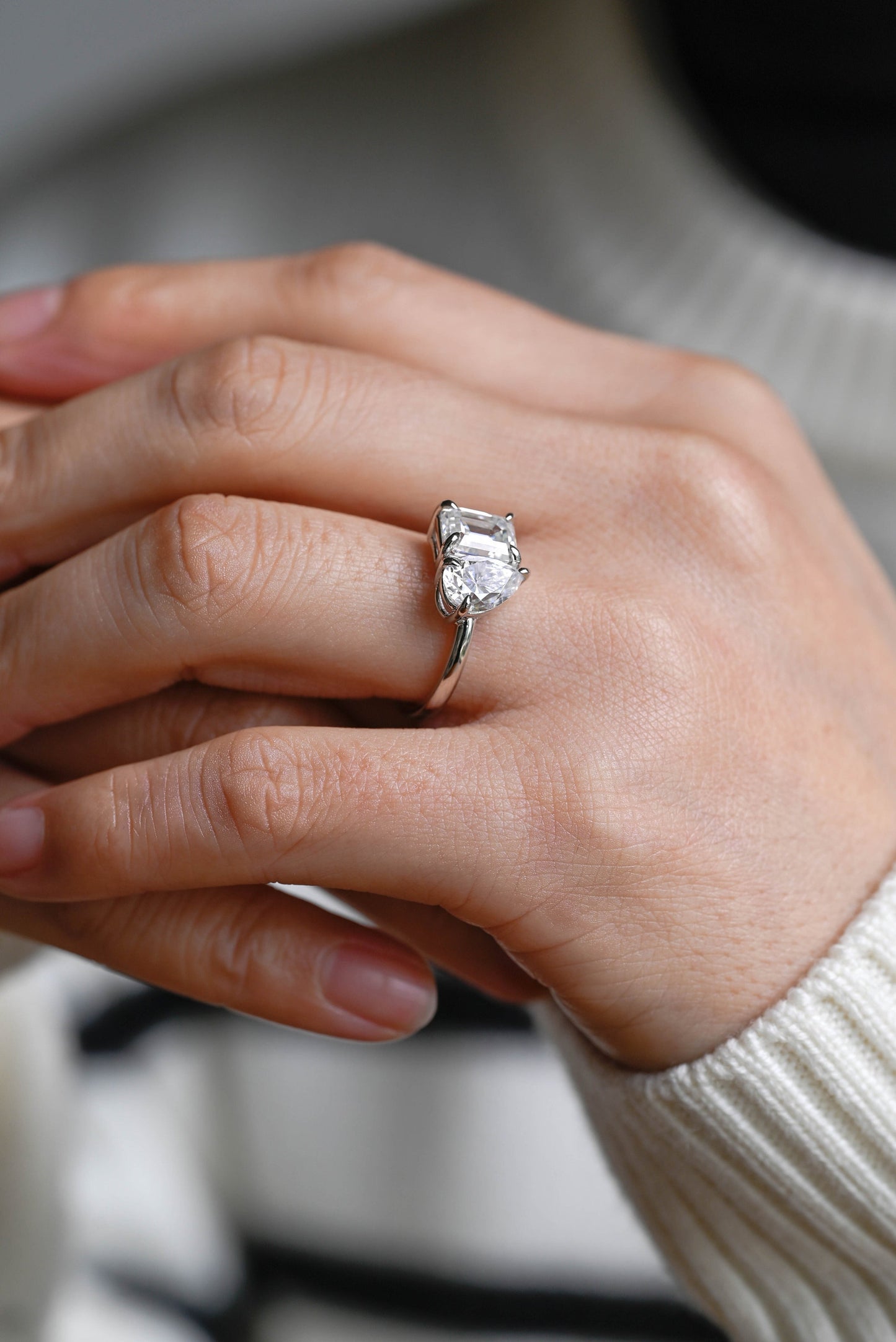 2.0 CT Pear & Emerald Cut Two Stone Moissanite Engagement Ring