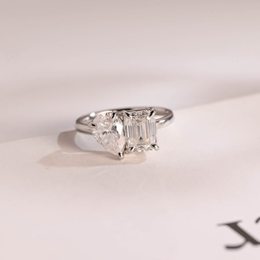 2.0 CT Pear & Emerald Cut Two Stone Moissanite Engagement Ring