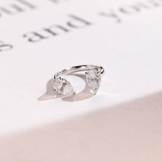 1.0 CT Pear Cut Open Shank Two Stone Moissanite Engagement Ring