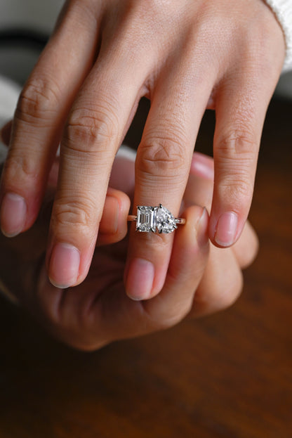 2.0 CT Pear & Emerald Cut Two Stone Moissanite Engagement Ring