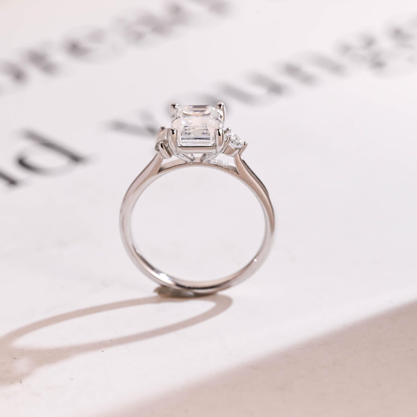 2.0 CT Emerald Cut Three Stone Moissanite Engagement Ring