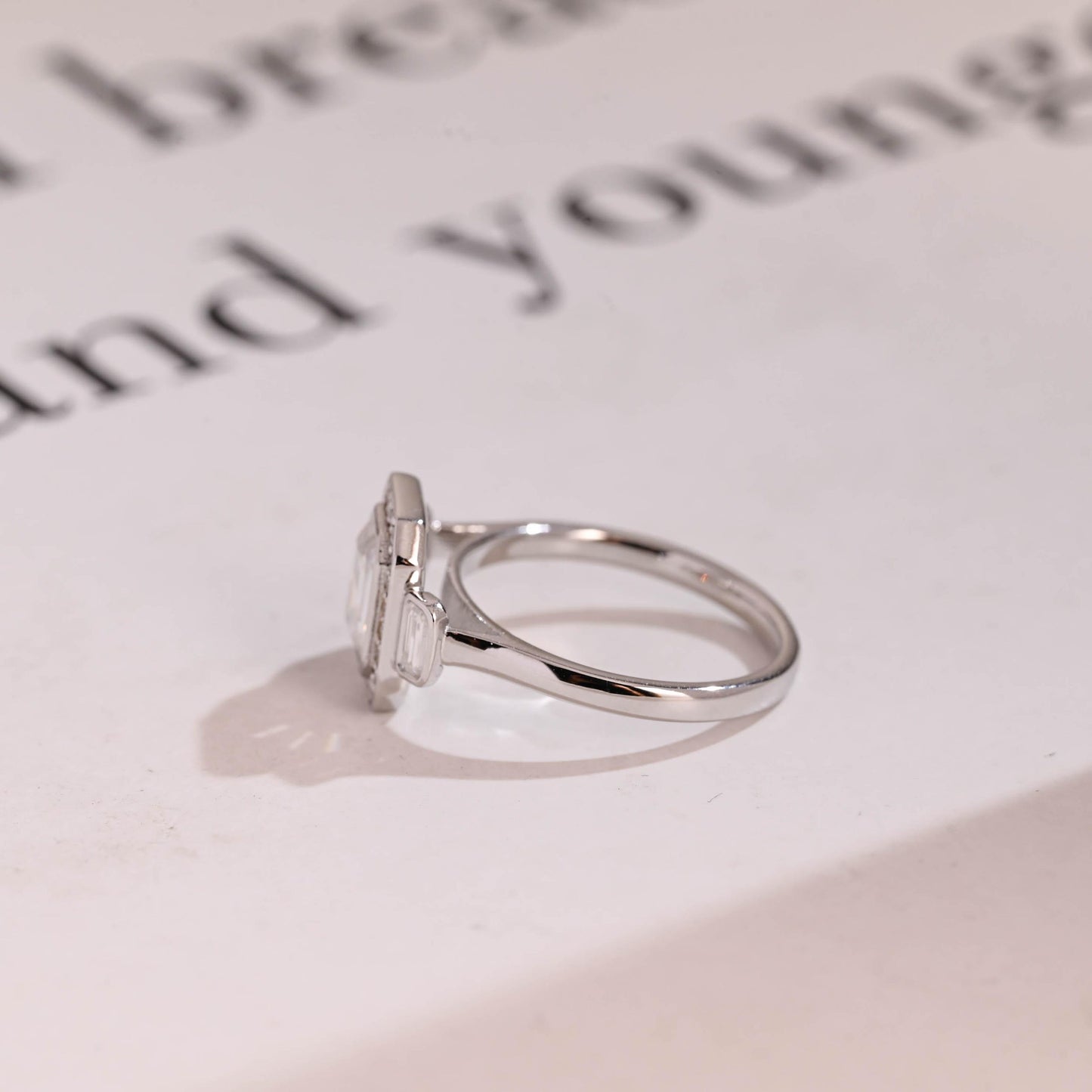 1.0 CT Emerald Cut Halo Three Stone Moissanite Engagement Ring