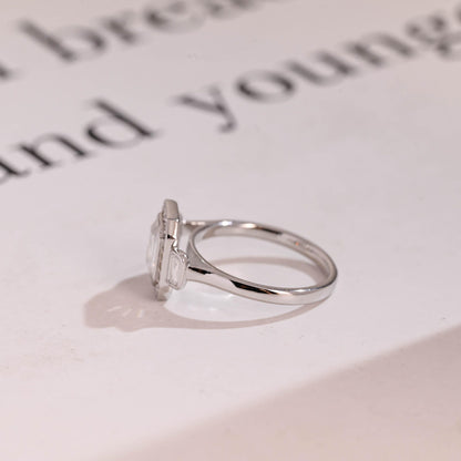 1.0 CT Emerald Cut Halo Three Stone Moissanite Engagement Ring