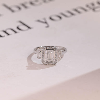 1.0 CT Emerald Cut Halo Three Stone Moissanite Engagement Ring