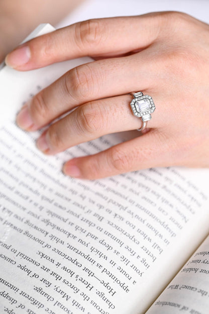 1.0 CT Emerald Cut Halo Three Stone Moissanite Engagement Ring