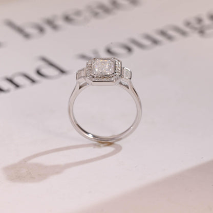1.0 CT Emerald Cut Halo Three Stone Moissanite Engagement Ring