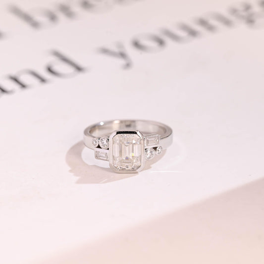 1.0 CT Emerald Cut Bezel & Cluster Moissanite Engagement Ring