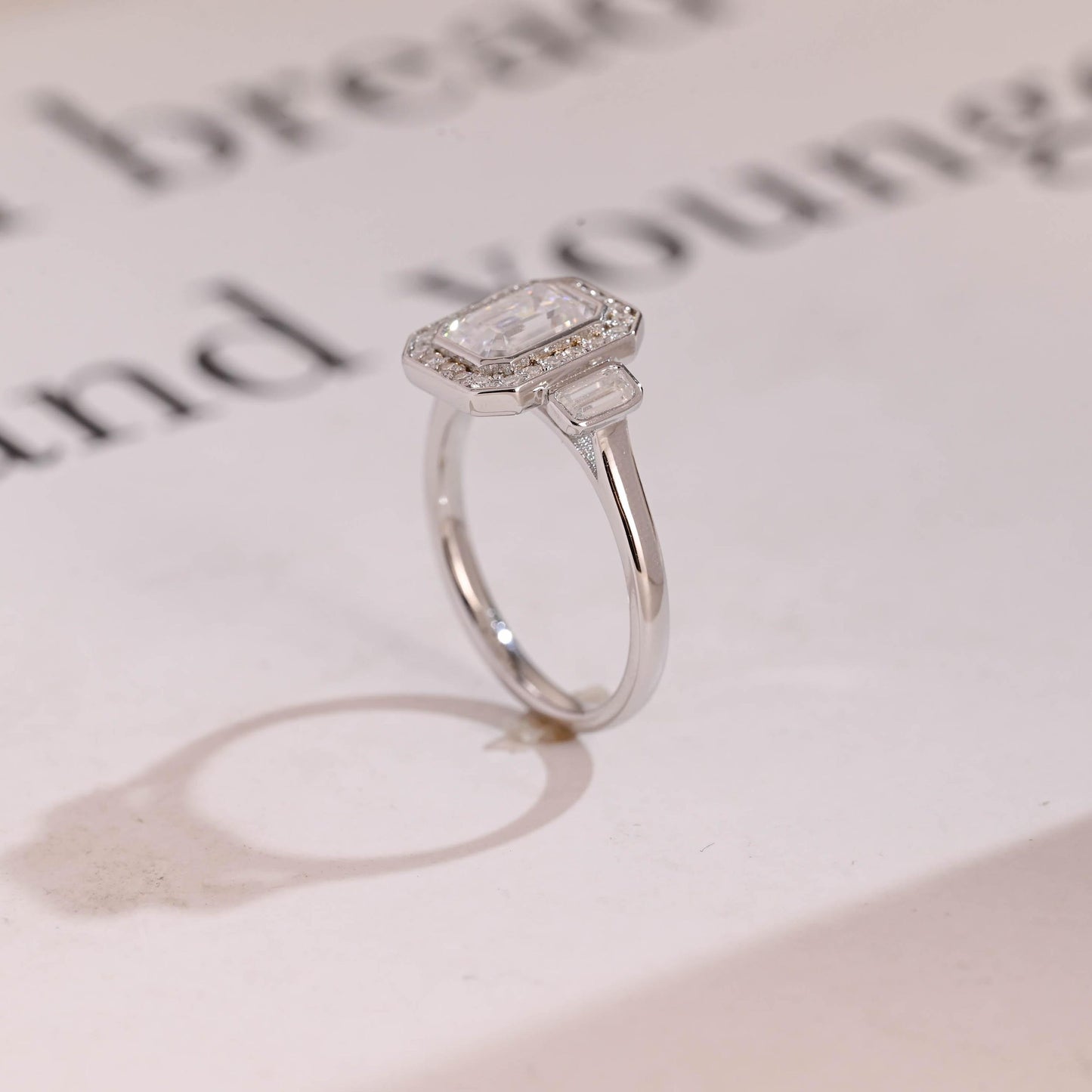 1.0 CT Emerald Cut Halo Three Stone Moissanite Engagement Ring