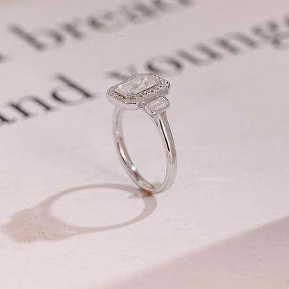 1.0 CT Emerald Cut Halo Three Stone Moissanite Engagement Ring